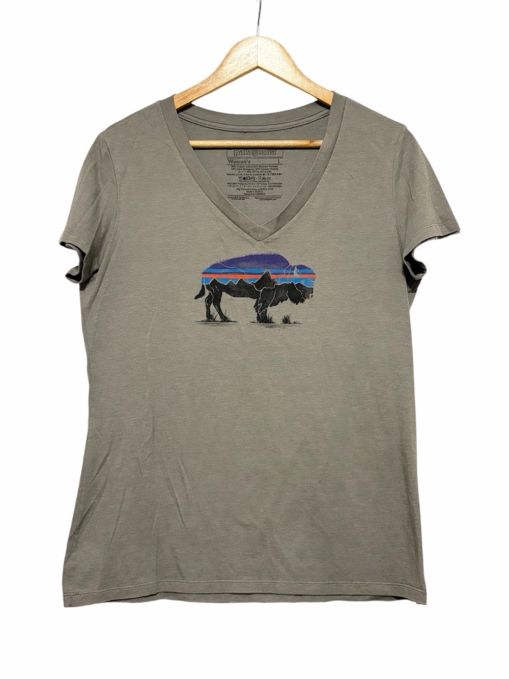 Patagonia Fitz Roy Bison V Neck T-Shirt in Feather Grey, size Large EUC